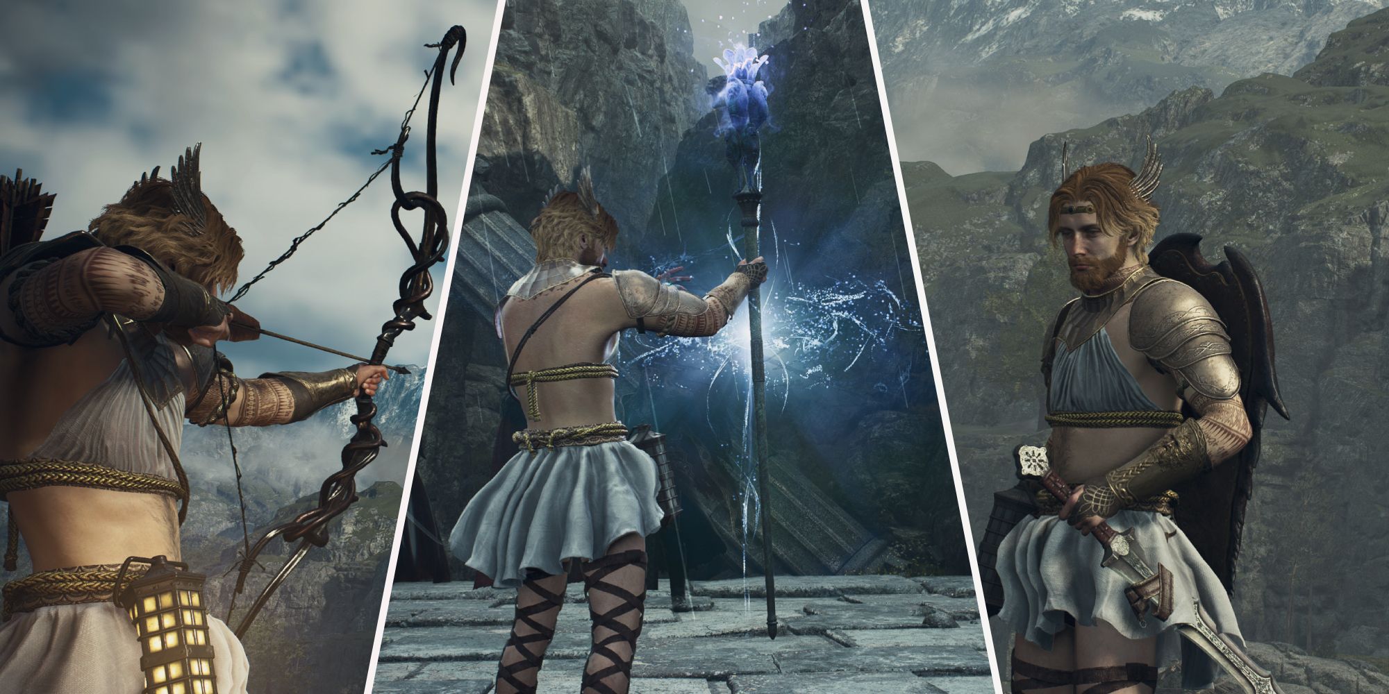 Three pictures showing three different vocation. from left to right_ Archer, Mage, Fighter - Dragon's Dogma 2