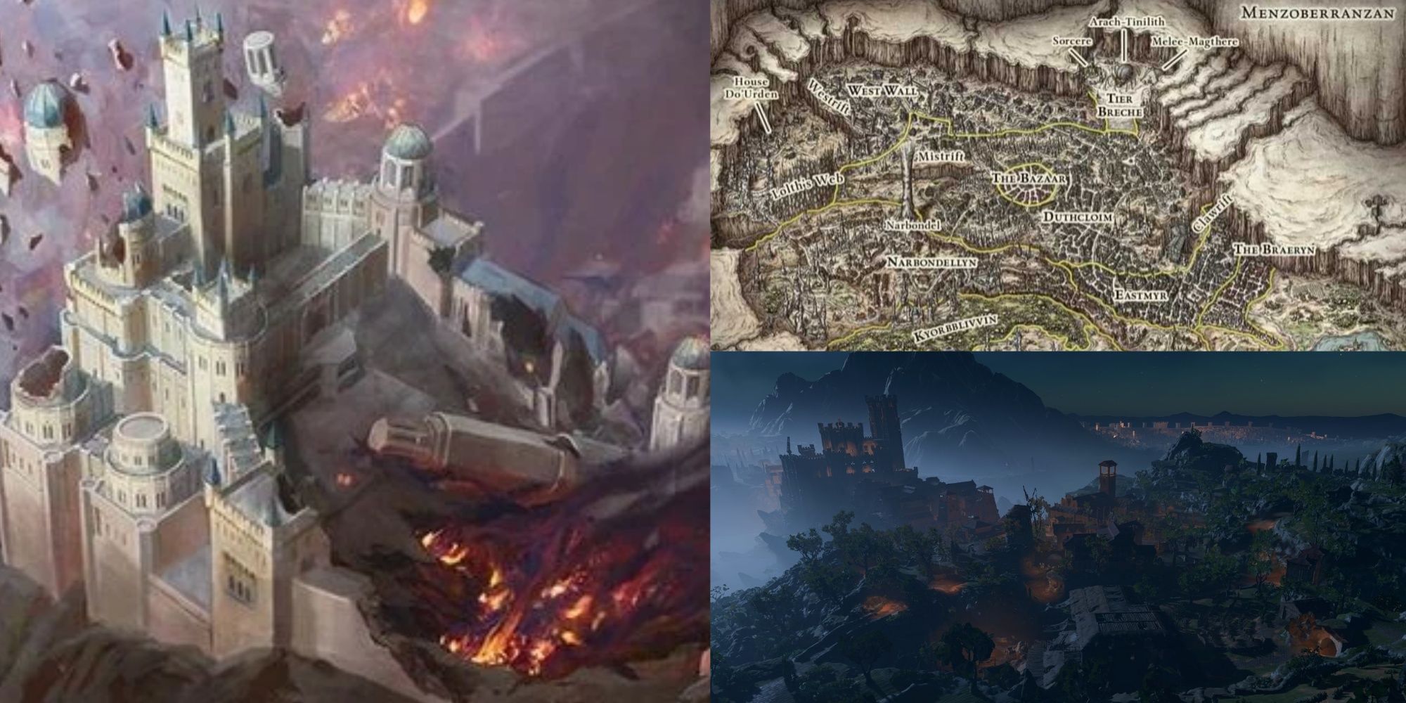 title image big cities in the forgotten realms fom the left Elturel from Descent into Avernus, a map of Menzoberranzan offical WotC art, a shot of Baldurs Gate from BG3