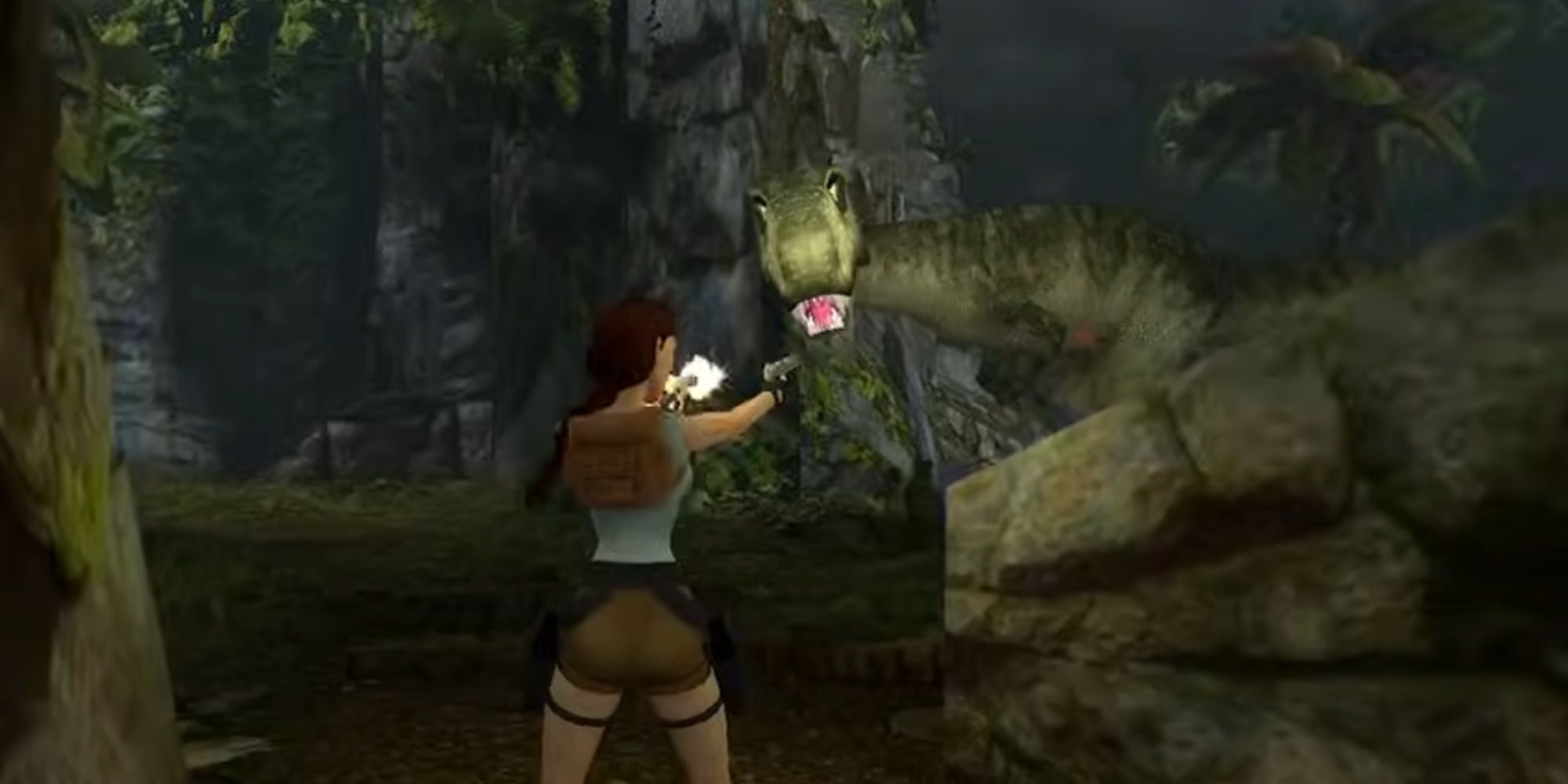 Tomb Raider 1-3 Remastered screenshot of Lara shooting a T-Rex.