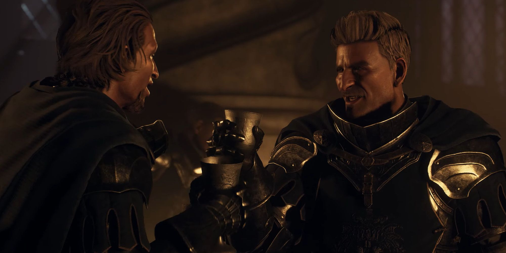 Two smiling knights share a toast in Dragon's Dogma 2