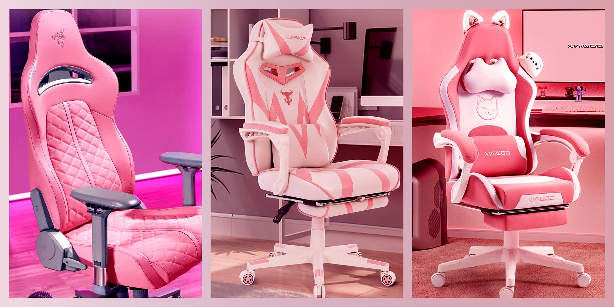 A collage of three pink gaming chairs