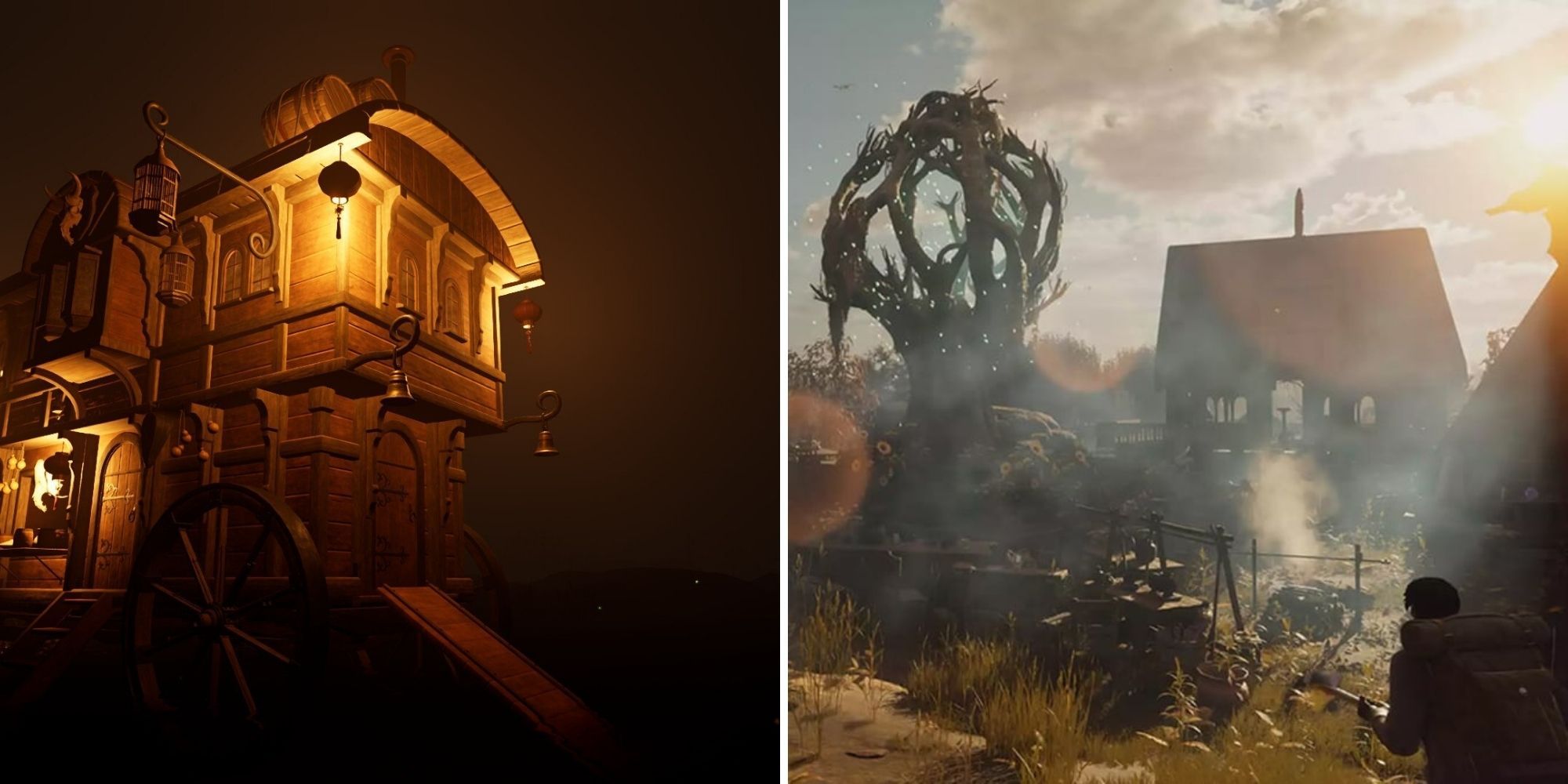 split image showing a trader caravan and a faewild settlement in nightingale