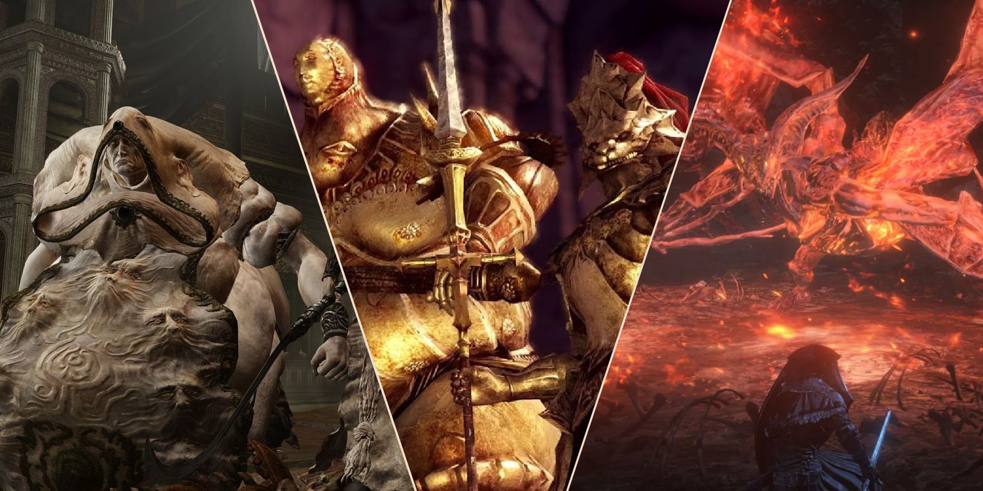 FromSoftware Bosses Split Image Godskin Duo, Ornstein and Smough, and the Demon Prince