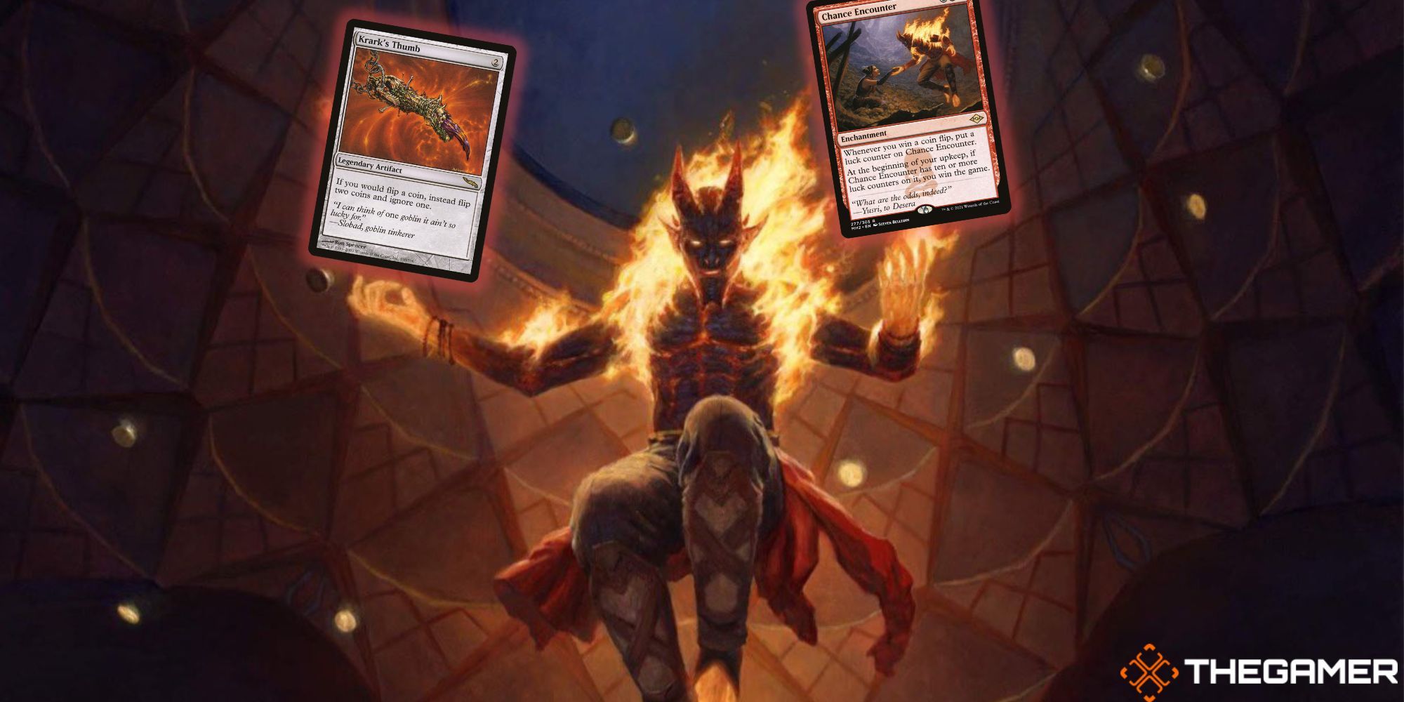 Magic: The Gathering card art for Yusri, Fortune's Flame, holding Krark's Thumb + Chance Encounter