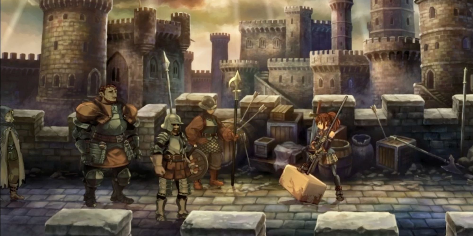A screenshot of Unicorn Overlord, showing Nina, Bryce, and the other Rock Rats