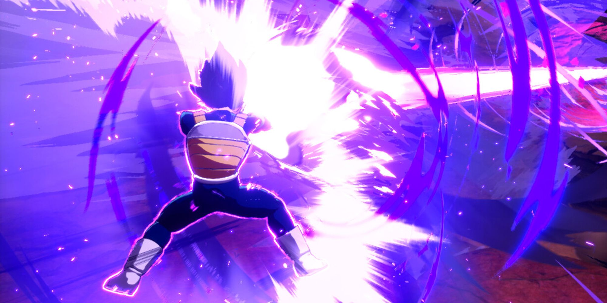 Vegeta firing a ggiant purple laser beam in Dragon Ball Sparking Zero
