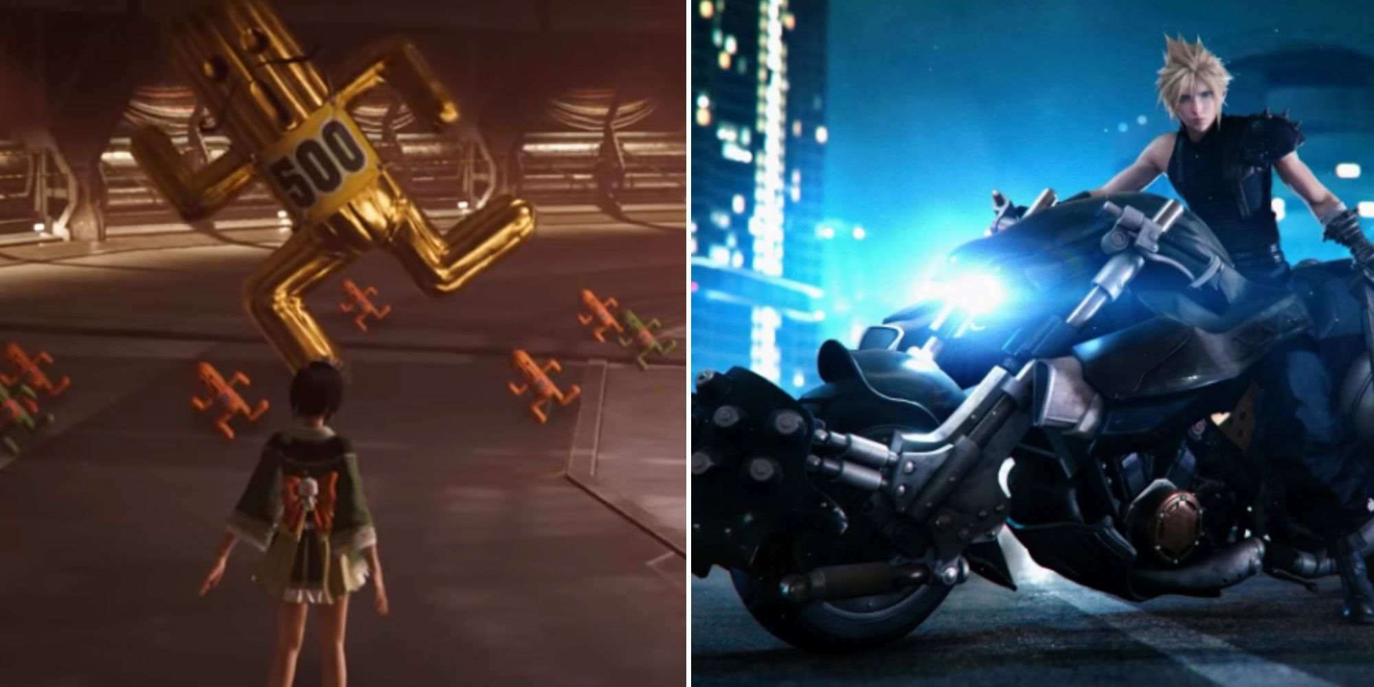 A split image showing Cloud on a motorcycle on the right and Yuffie confronting cactuars on the right