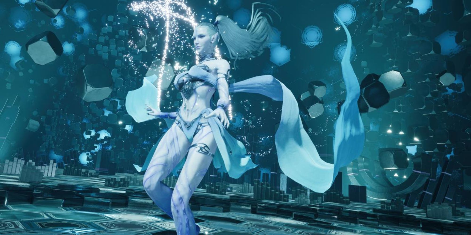 An image of Shiva in a blue filter due to her ice powers Final Fantasy 7 Rebirth.