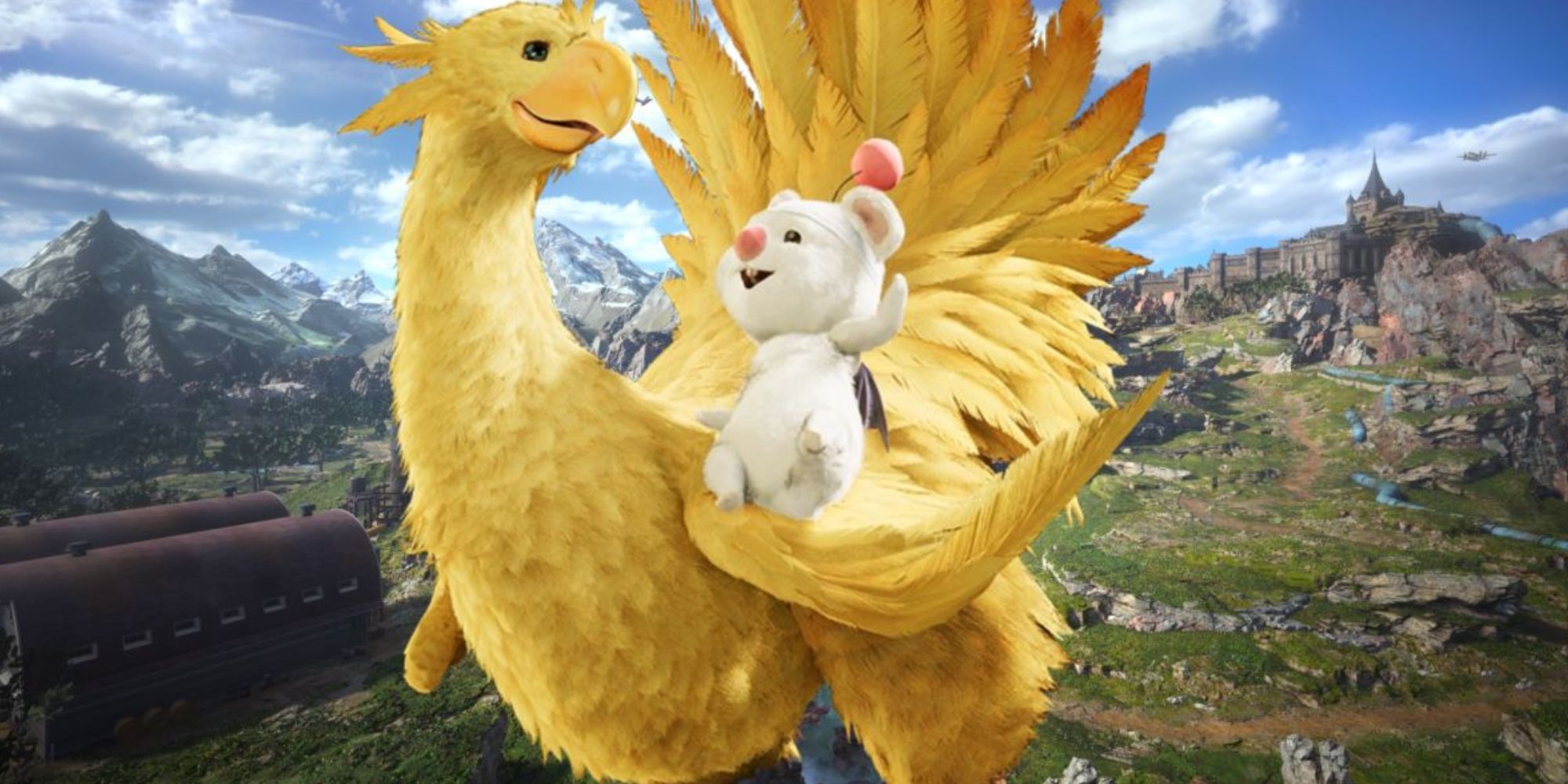 An image of a white moogle riding a golden-yellow chocobo in Final Fantasy 7 Rebirth.