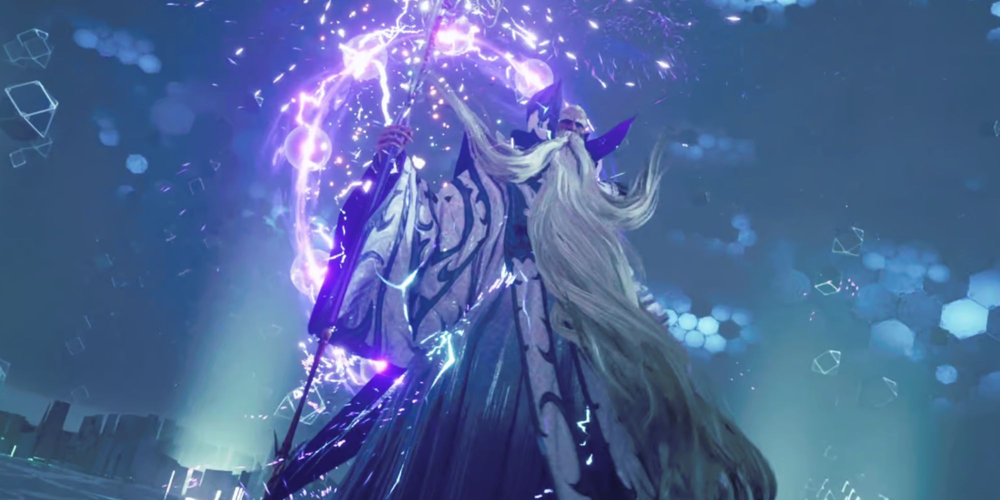 An image of the bearded sage Ramuh with his iconic staff producing lightning in blue.