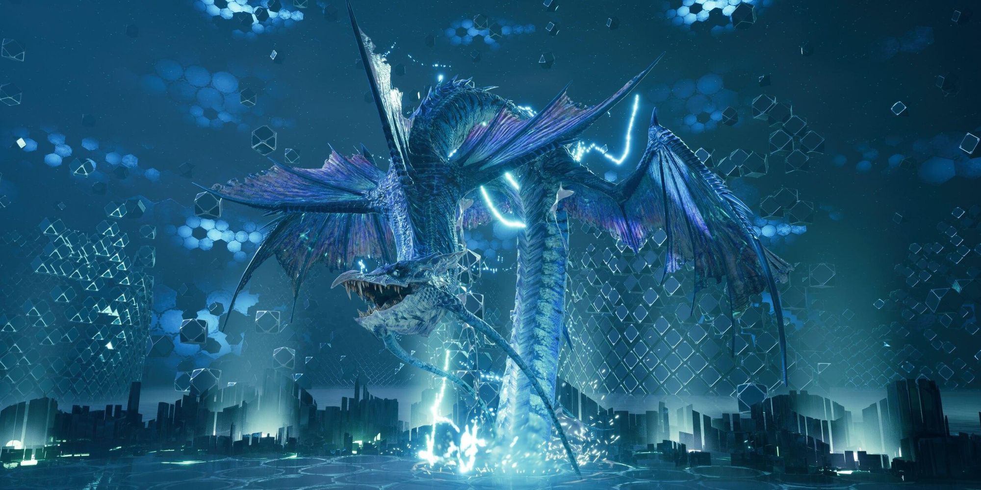 Leviathan, a gigantic sea serpent, rises up from blue waters.