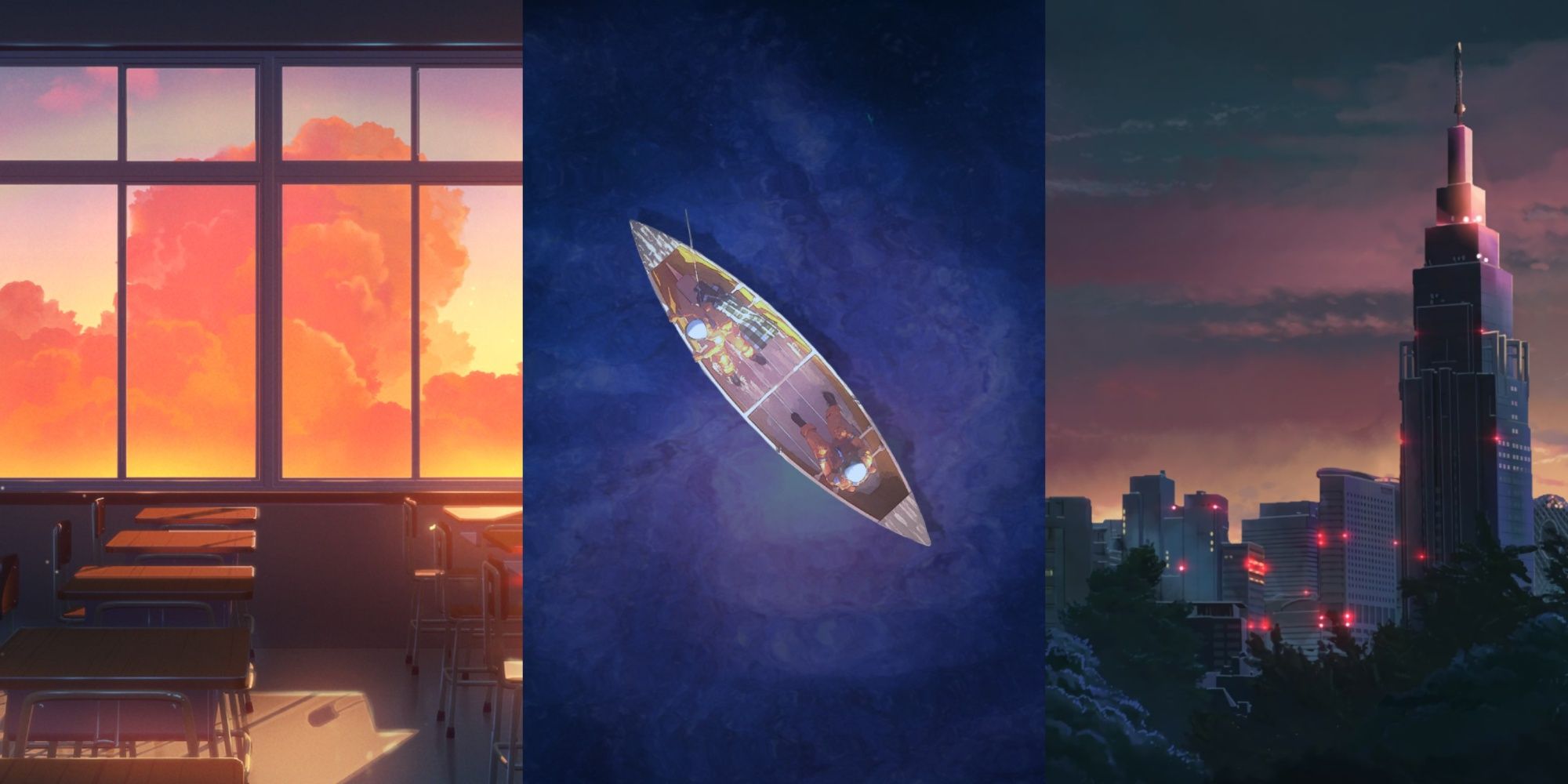 A featured image that showcases three different wallpapers from Wallpaper Engine. These Wallpapers are a classroom, a boat in space, and a city scape. 