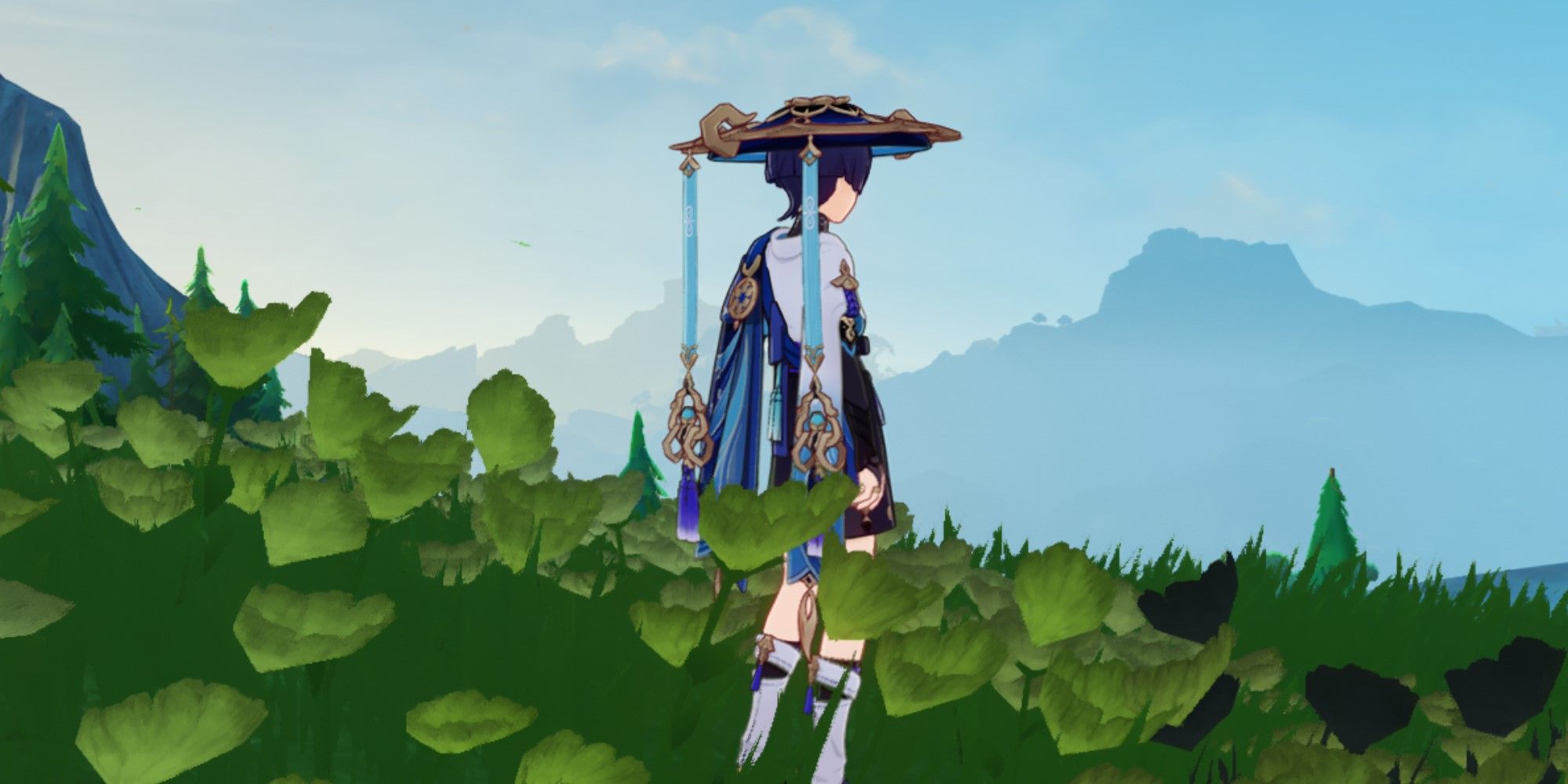 Wanderer looks at the sunrise on a hill in Genshin Impact.