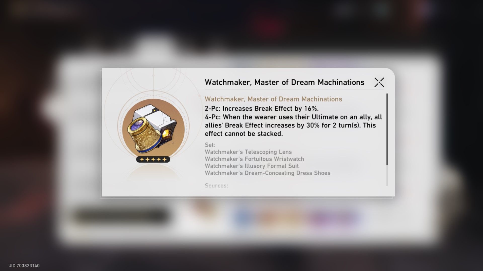 The Relic menu for Watchmaker Master of Dream Machinations in Honkai Star Rail.