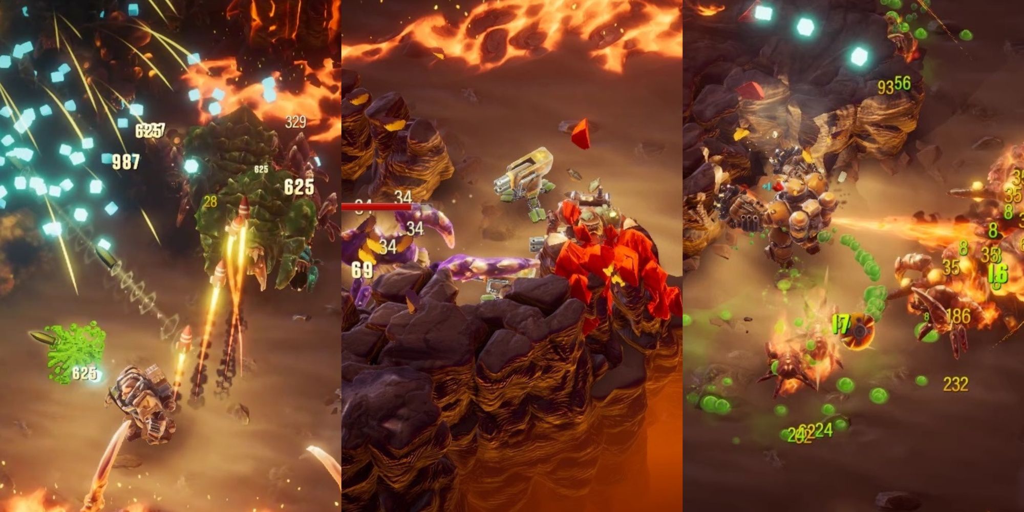 Deep Rock Galactic Survivor split image the Gunner, Engineer, and Driller fighting off a swarm of bugs