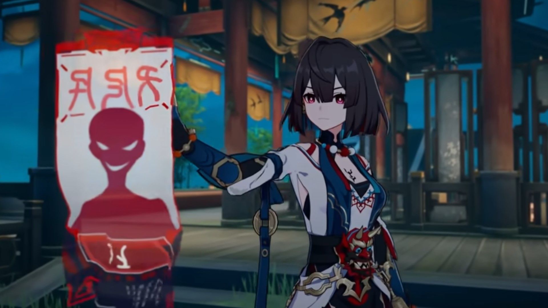 Xueyi looks at a pologram wanted poster in Honkai Star Rail.