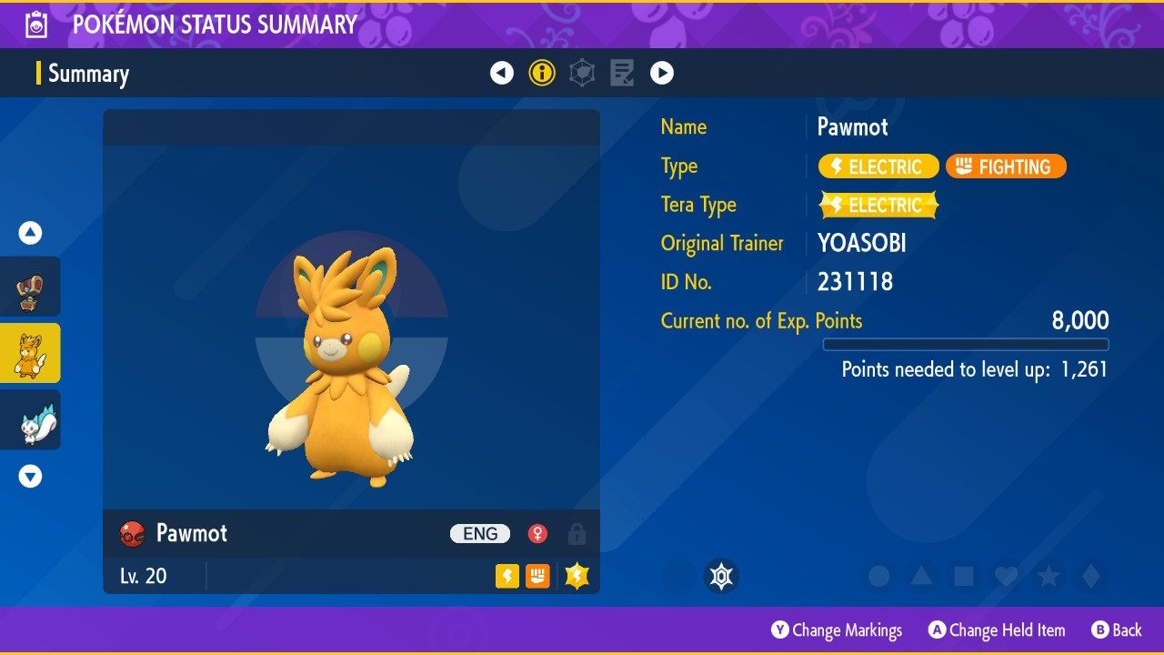 Yoasobi&rsquo;s Pawmott Pokemon Status Summary in Pokemon Scarlet and Violet.