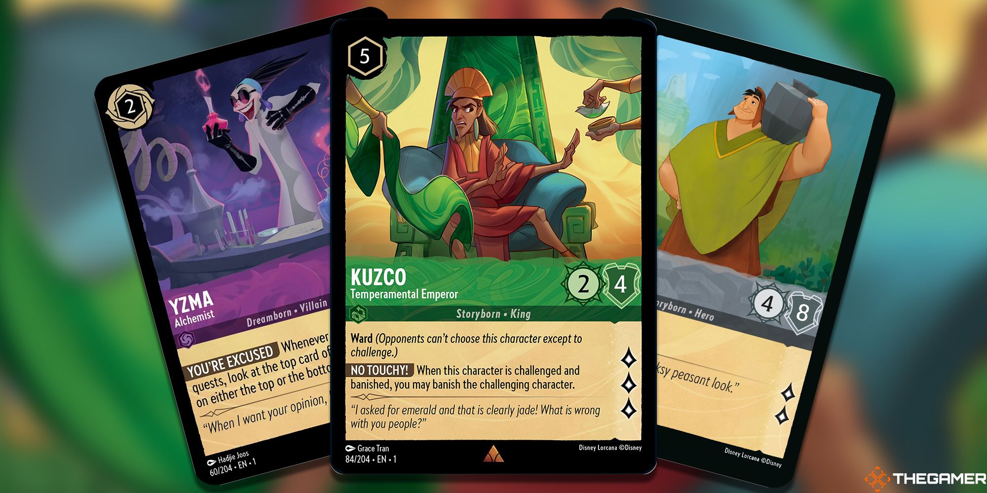 Yzma, Alchemist, Kuzco, Tempermental Emperor, and Pacha, Village Leader Lorcana Cards