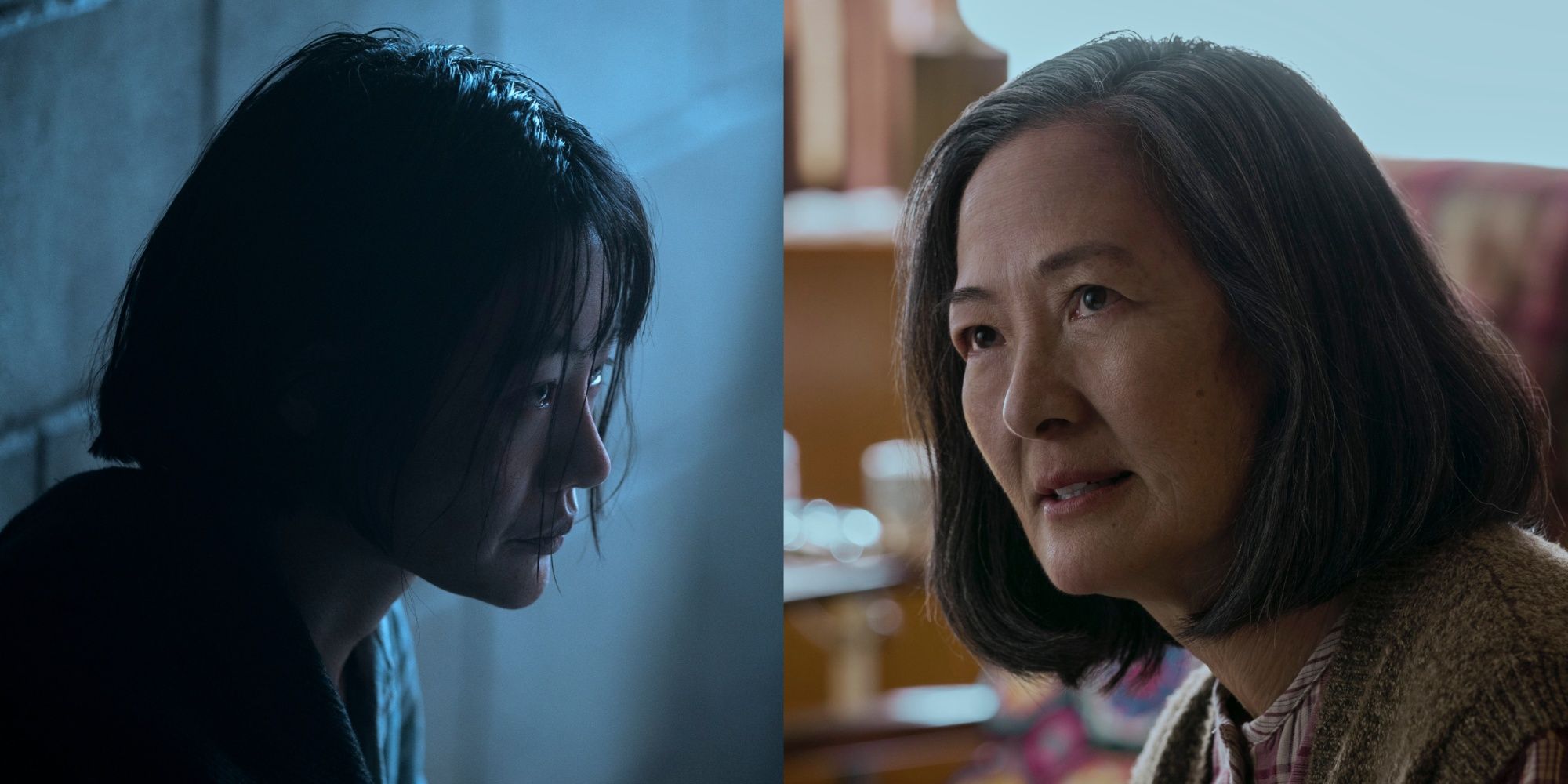 Split image with Zine Tseng and Rosalind Chao as Ye Wenjie in 3 Body Problem