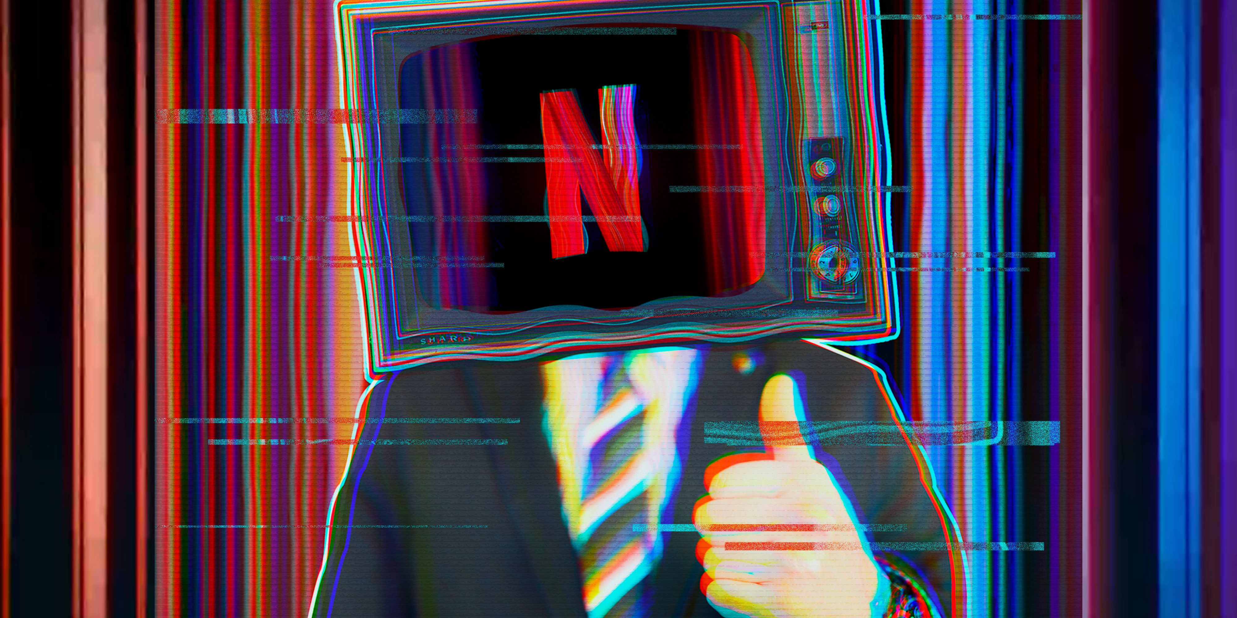 A person in a suit giving a thumbs up with a TV for a head, and the Netflix logo displayed on the screen.
