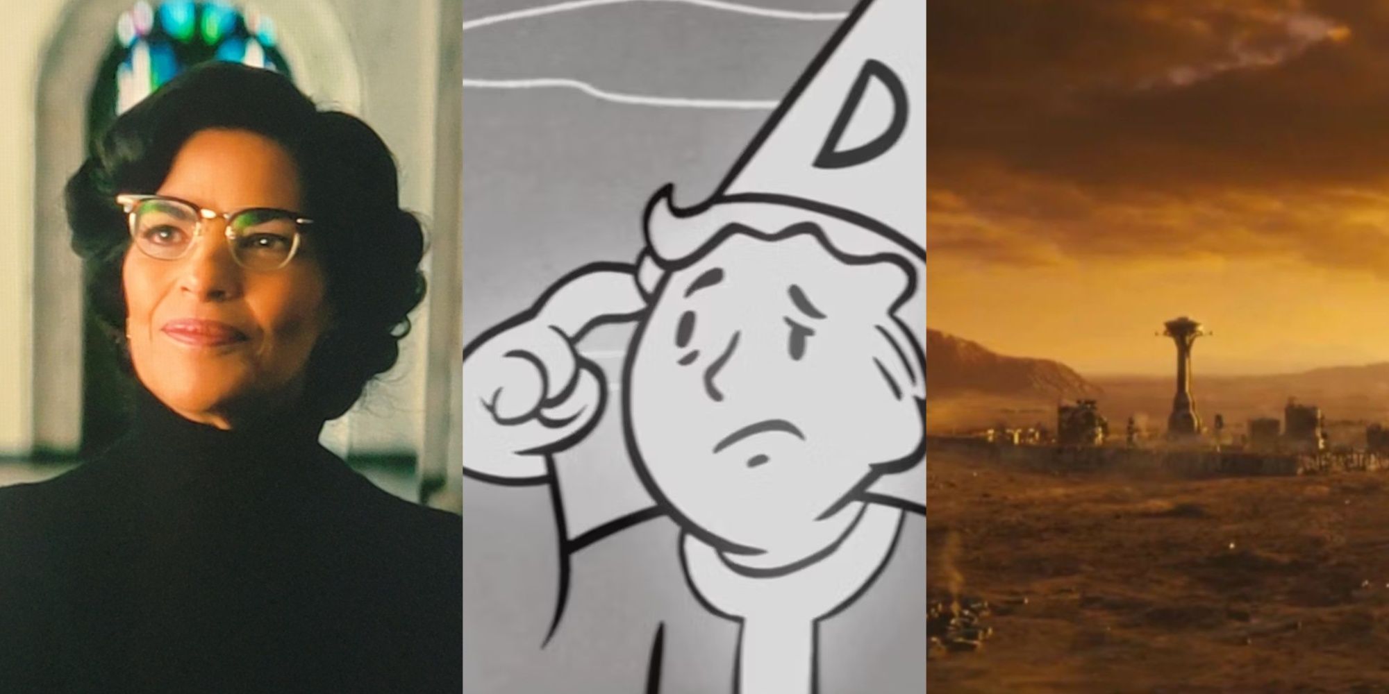 Three image collage of pre-war Lee Moldaver in Falllout, a Vault Boy in a dunce cap scratching his head, and the shot of New Vegas from the show.