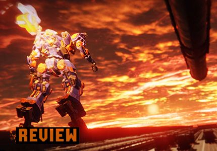 Armored Core 6 Nerf-coloured mech flying across a ship deck during the sunset with the word 'Review' in the bottom left corner.