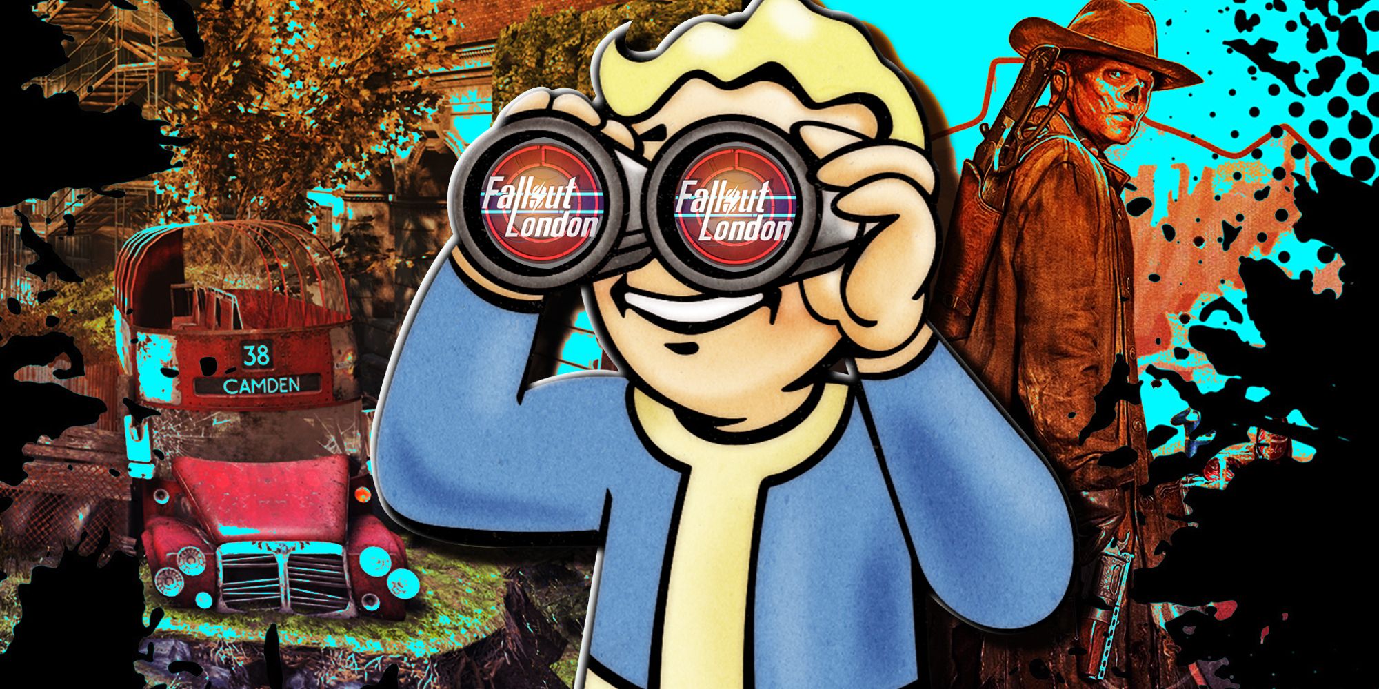 Fallout Vault Boy looking at the Fallout London logo through binoculars with Walton Goggins' ghoul in the background