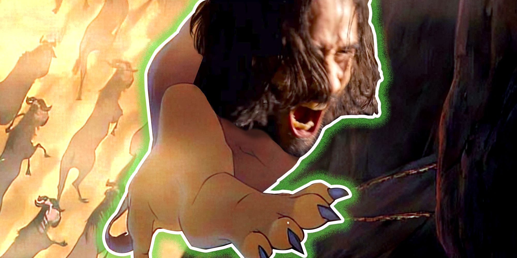 Mufasa falling into the gorge as the stampede occurs, but with Keanu Reeves' Neo in The Matrix Resurrections superimposed on Mufasa's body