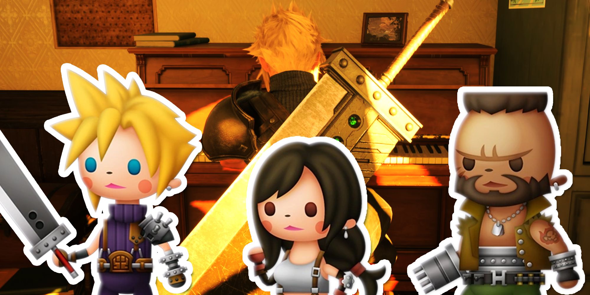 Chibi versions of Cloud, Tifa, and Barrett in front of Final Fantasy 7 Rebirth Cloud playing piano