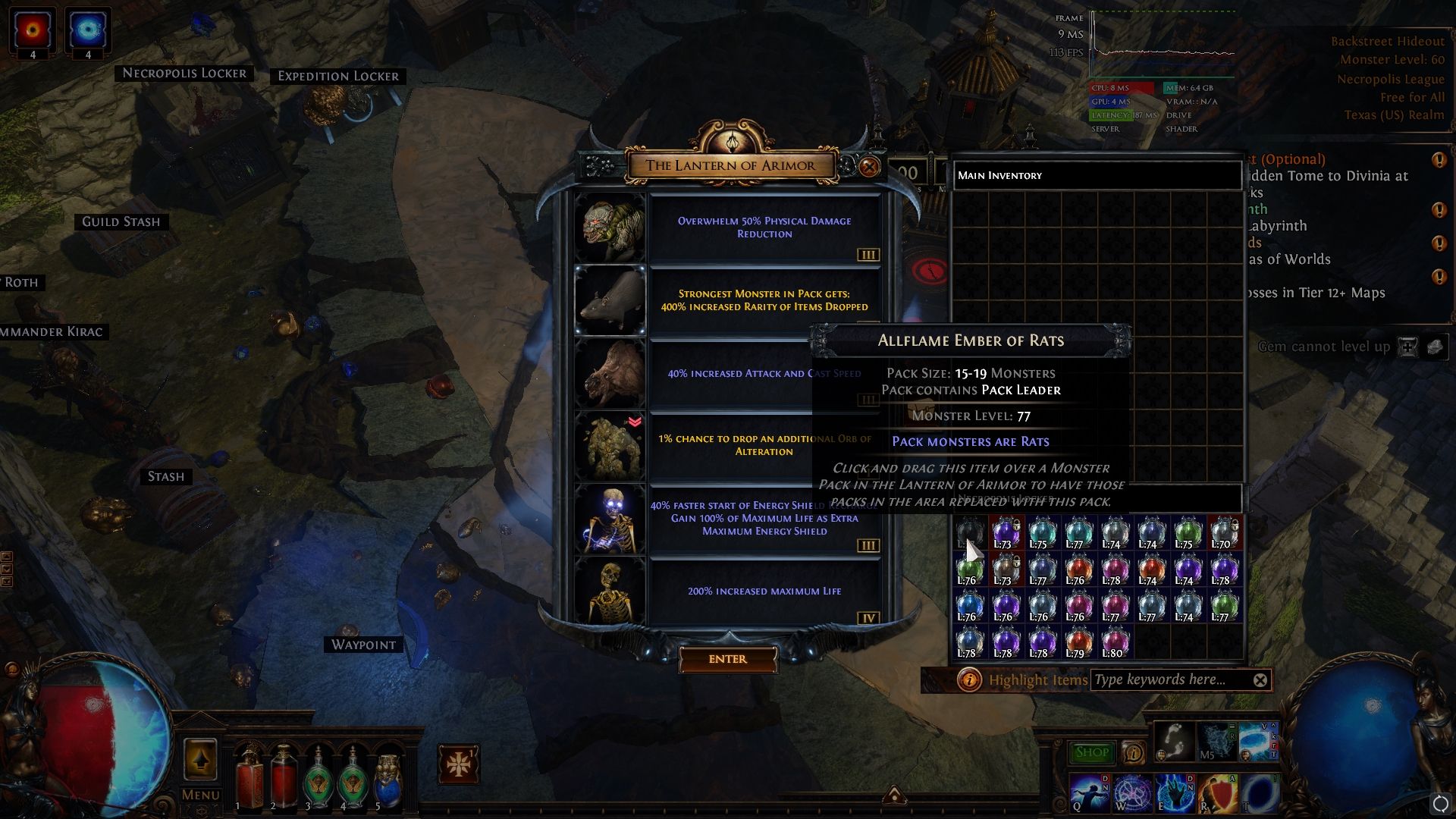 Rearranging the Lantern of Arimor monsters in the map device in Path of Exile