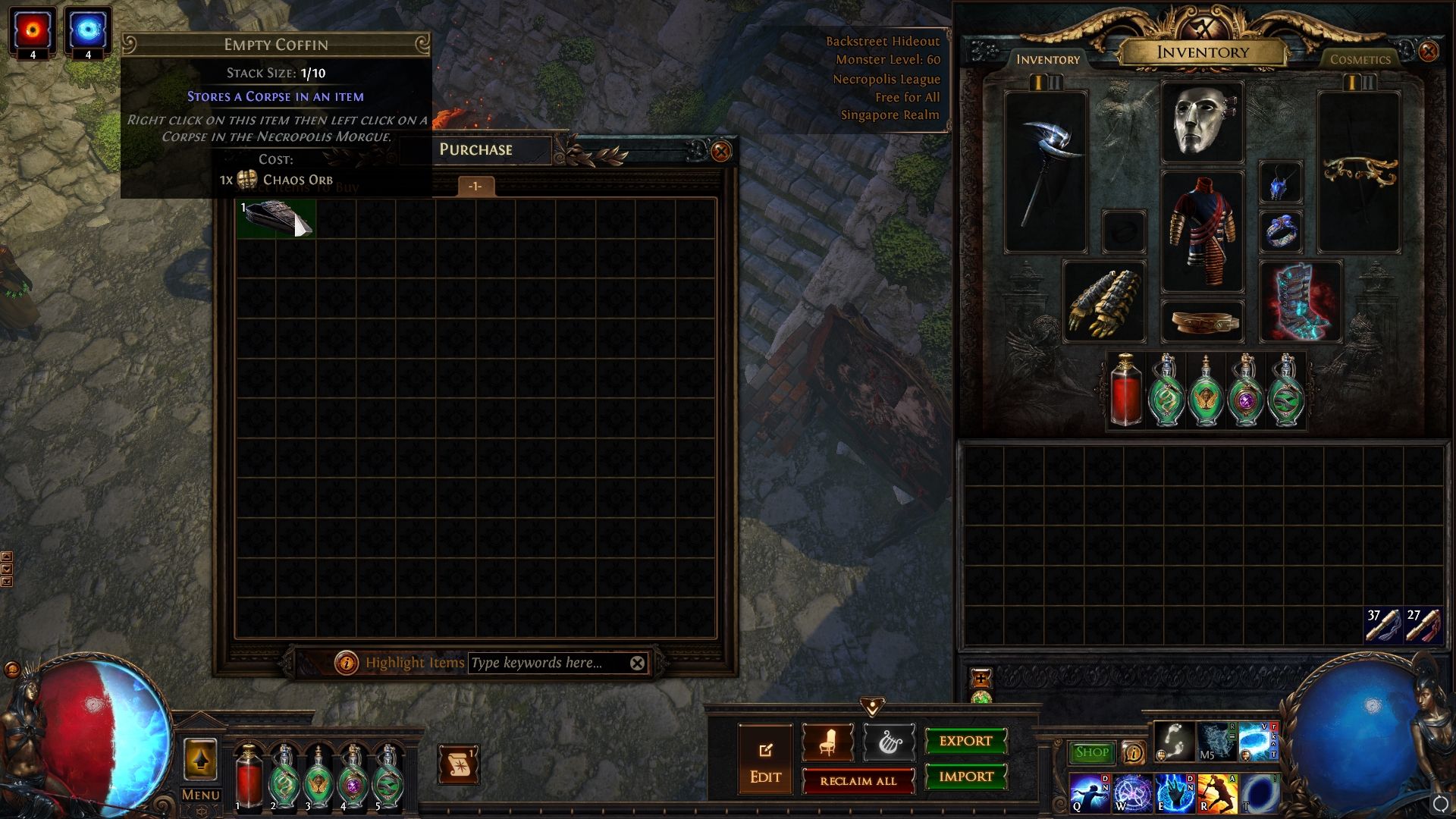 Arimor selling Empty Coffins in Path of Exile Necropolis