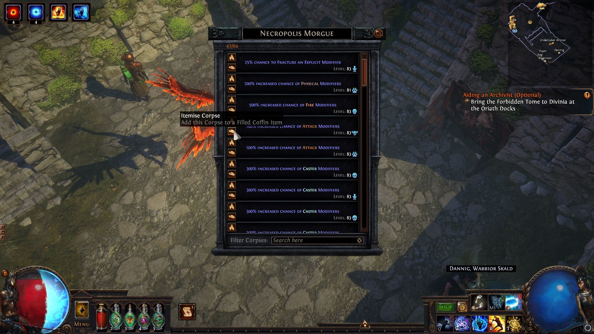 Itemizing a corpse from the Necropolis morgue in Path of Exile