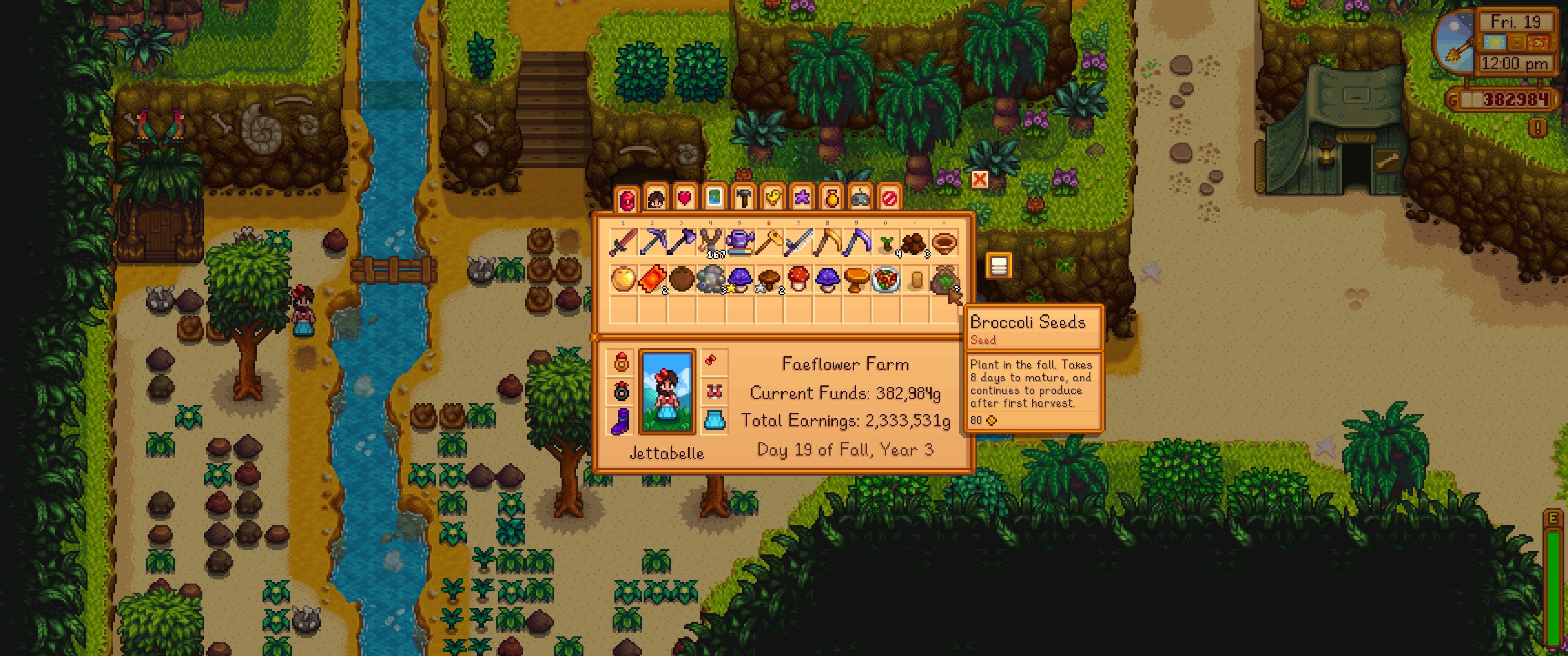 Stardew Valley: The player&rsquo;s inventory with Broccoli seeds highlighted.