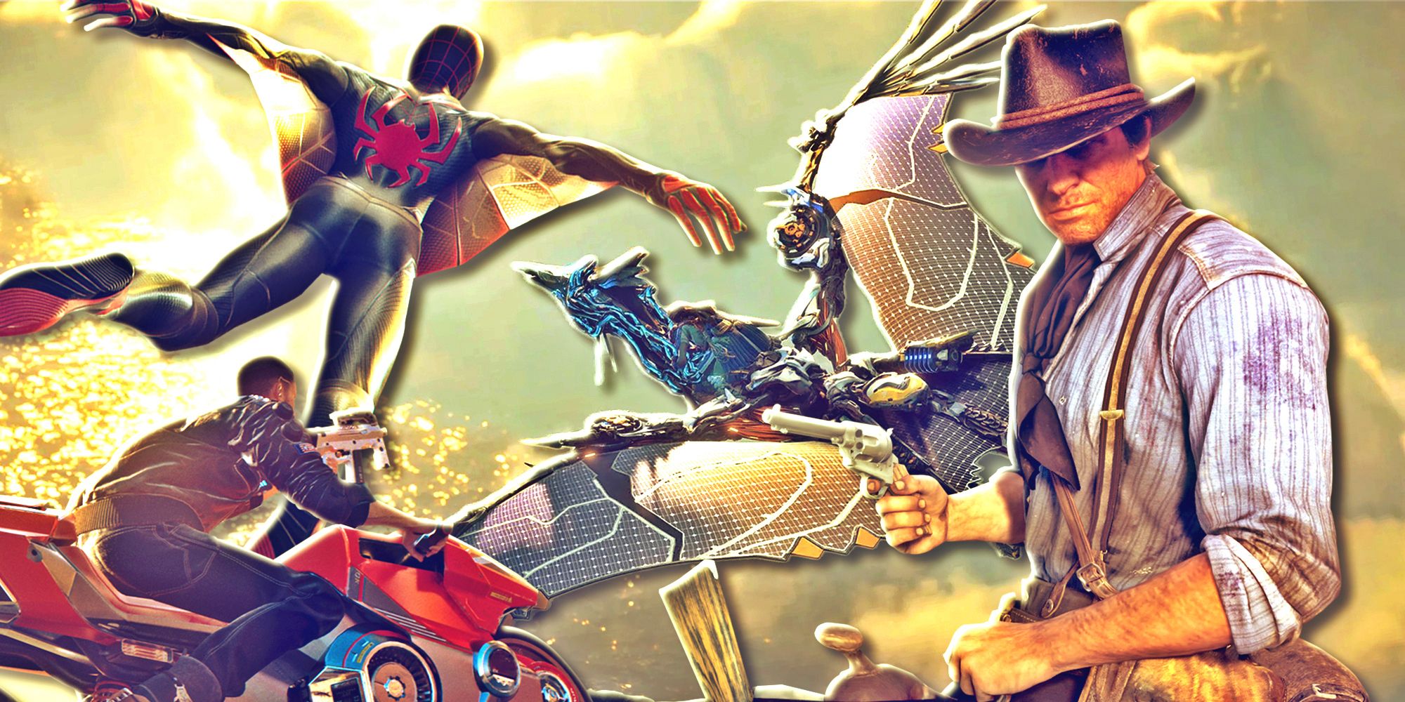 V (Cyberpunk 2077) on a Yaiba Kusanagi CT-3X, Miles Morales using his web wings, Aloy mounted a flying machine, and Arthur Morgan holding his revolver on a horse