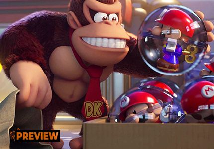 Mario vs Donkey Kong preview card with Donkey Kong holding a Mario toy