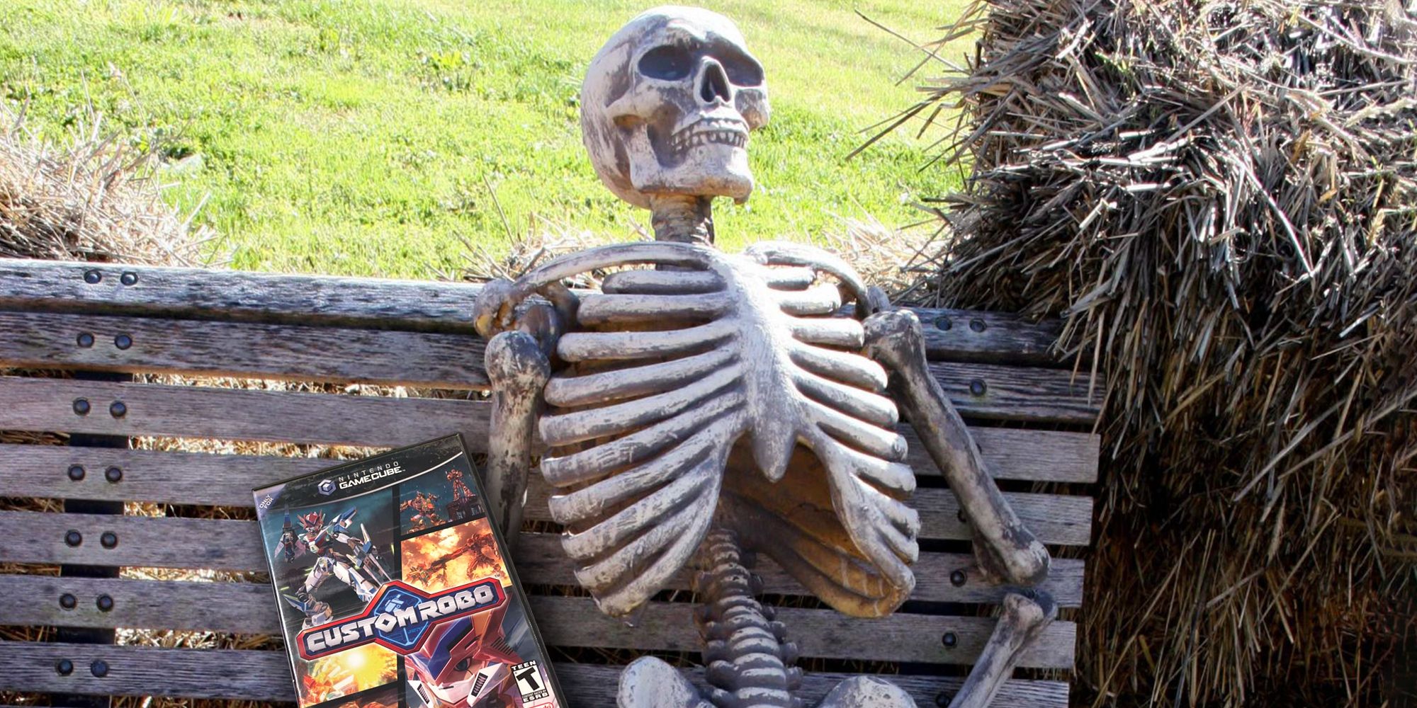 A skeleton on a wooden bench with a copy of Custom Robo for GameCube sitting next to it