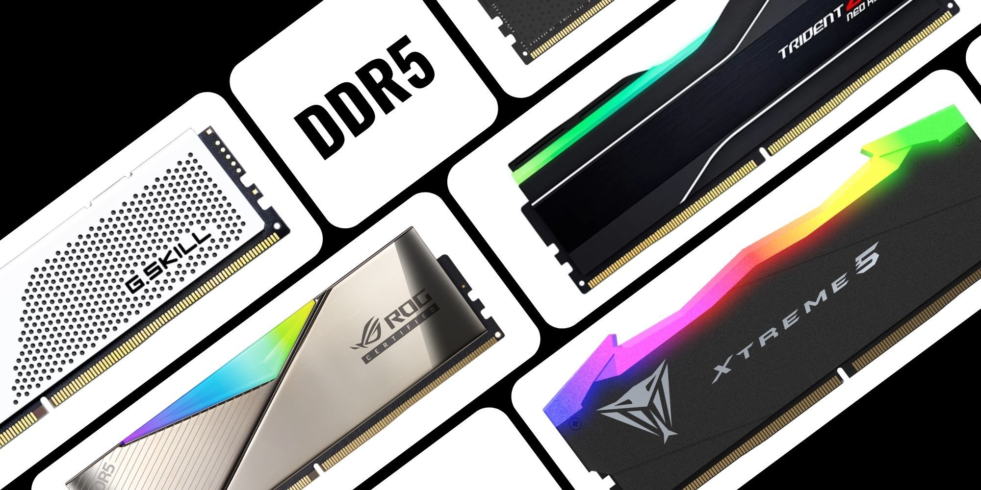 An artwork featuring G.Skill Trident Z5, Patriot Viper Xtreme, XPG Lancer, and other DDR5 rams.