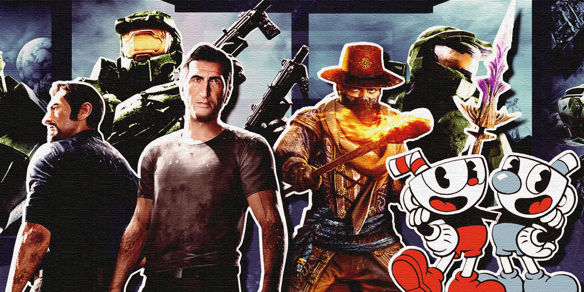 Vincent and Leo (A Way Out) standing next to an avatar character (Outward) and Cuphead and Mugman (Cuphead). In the background is Master Chief.