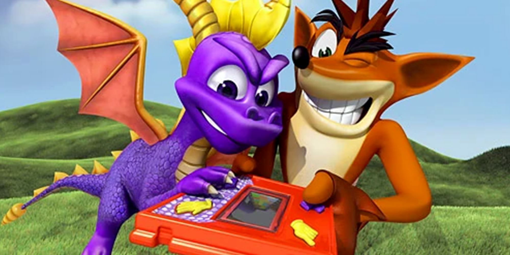 Spyro and Crash fighting over a game controller.