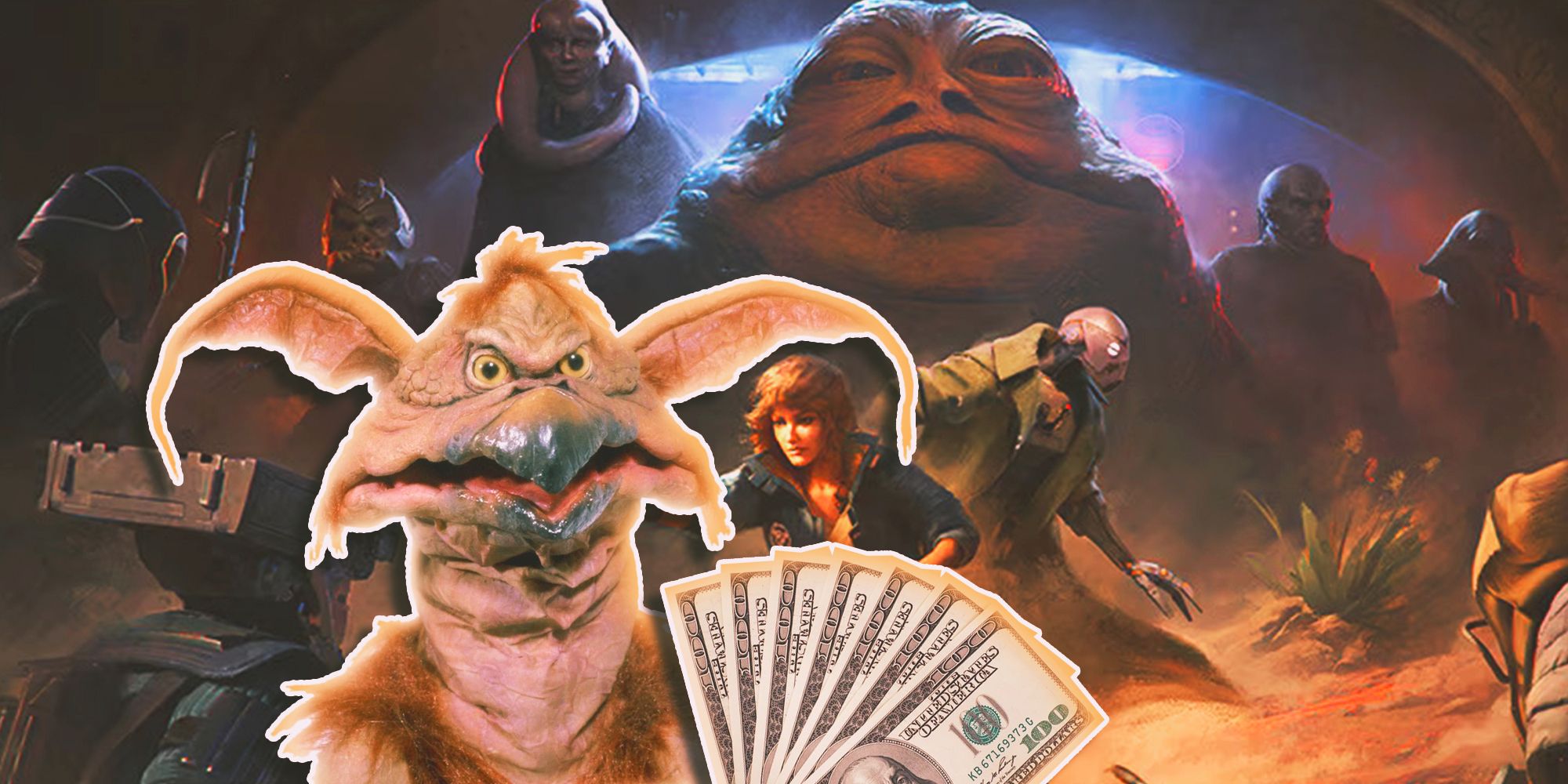 In the foreground, Salacious Crumb from Star Wars holding up a bunch of hundred dollar bills. In the background, the heroes of Star Wars Outlaws plus Jabba the Hutt