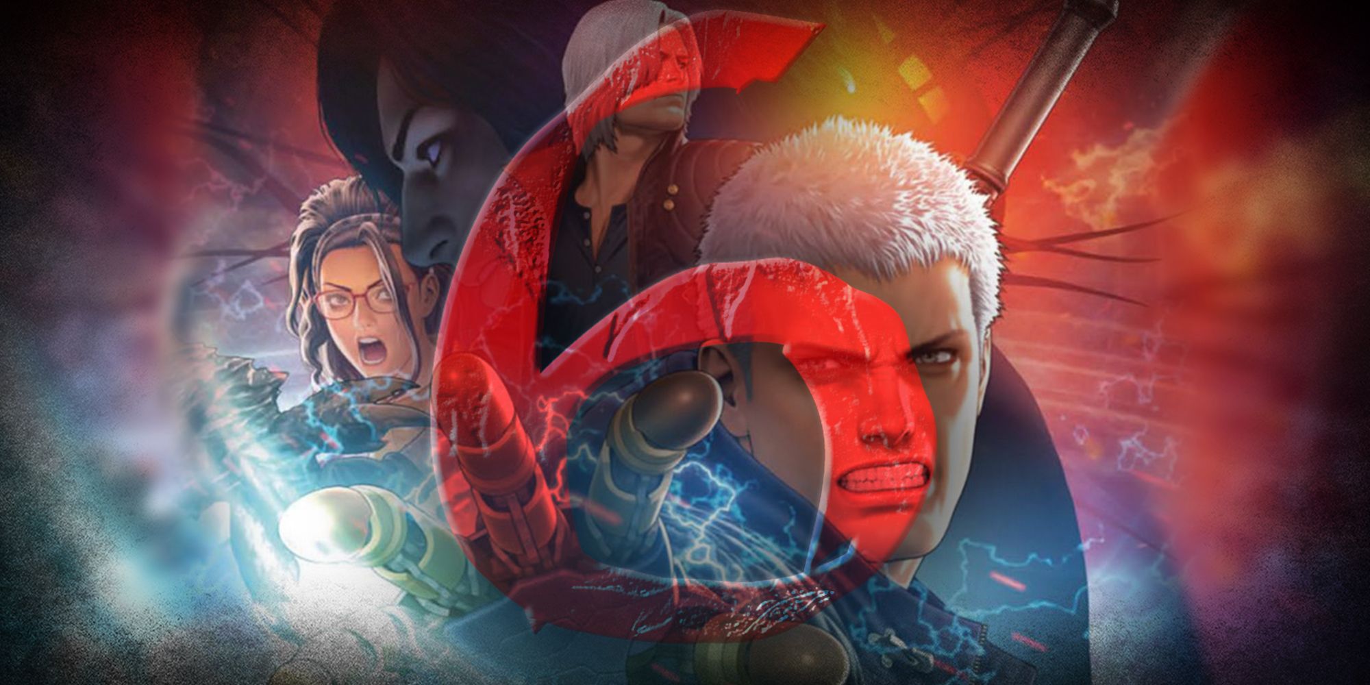 Various Devil May Cry characters with a big, red 6 superimposed over them