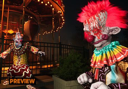 Killer Klowns from Outer Space Preview header with multiple Klowns in the carnival level