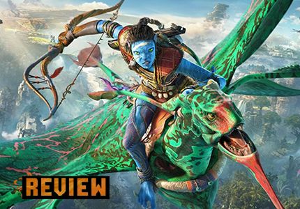 Na'vi riding a flying animal in the sky while holding a bow as gunships crash in the background, the word review is in the bottom left corner