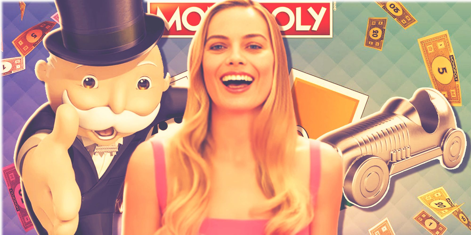 Margot Robbie smiling with the Monopoly guy, the Monopoly logo, the Monopoly car piece, and Monopoly money in the background