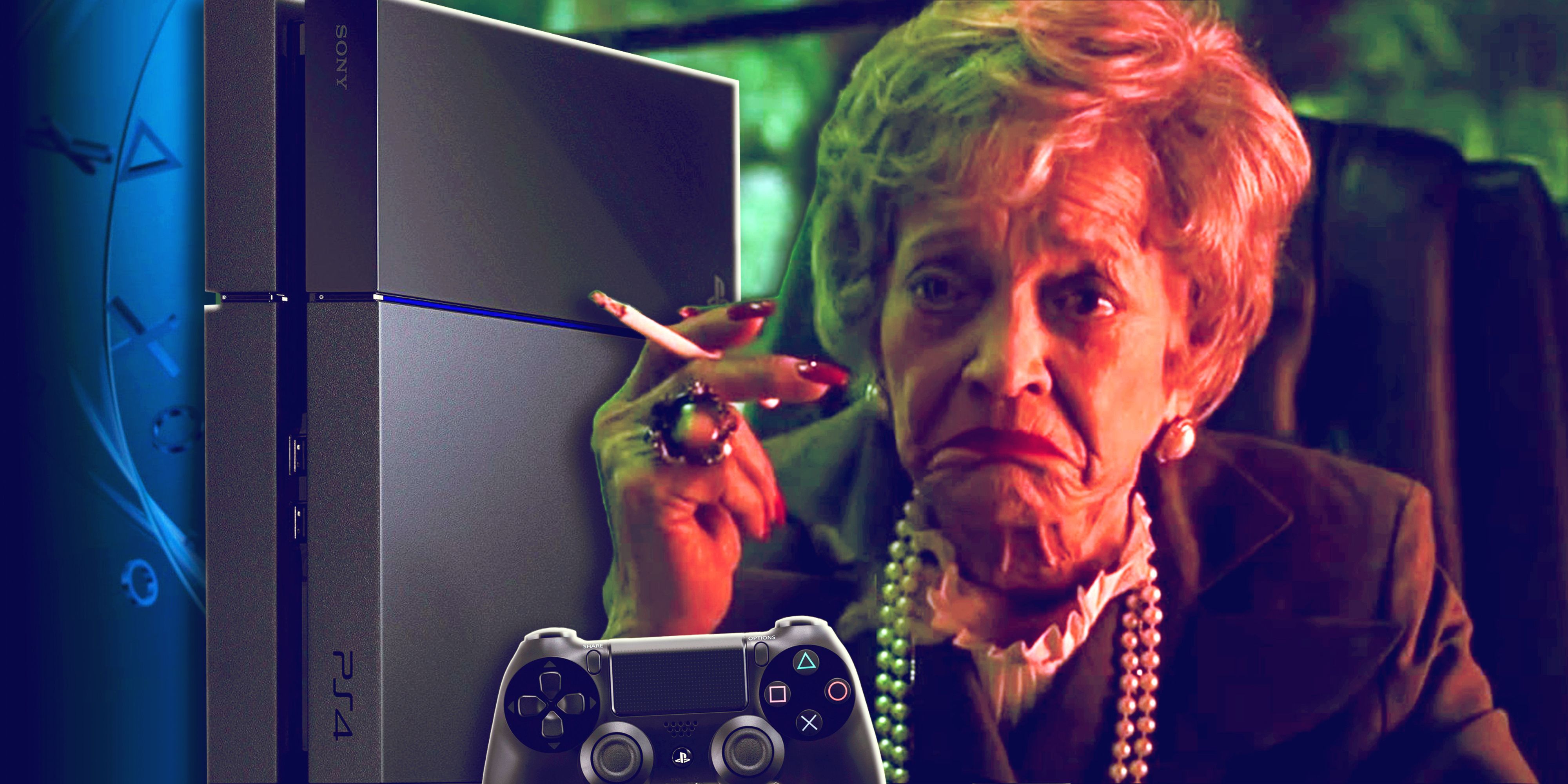 Woman smoking a cigarette with a PS4 and DualShock 4 in the picture