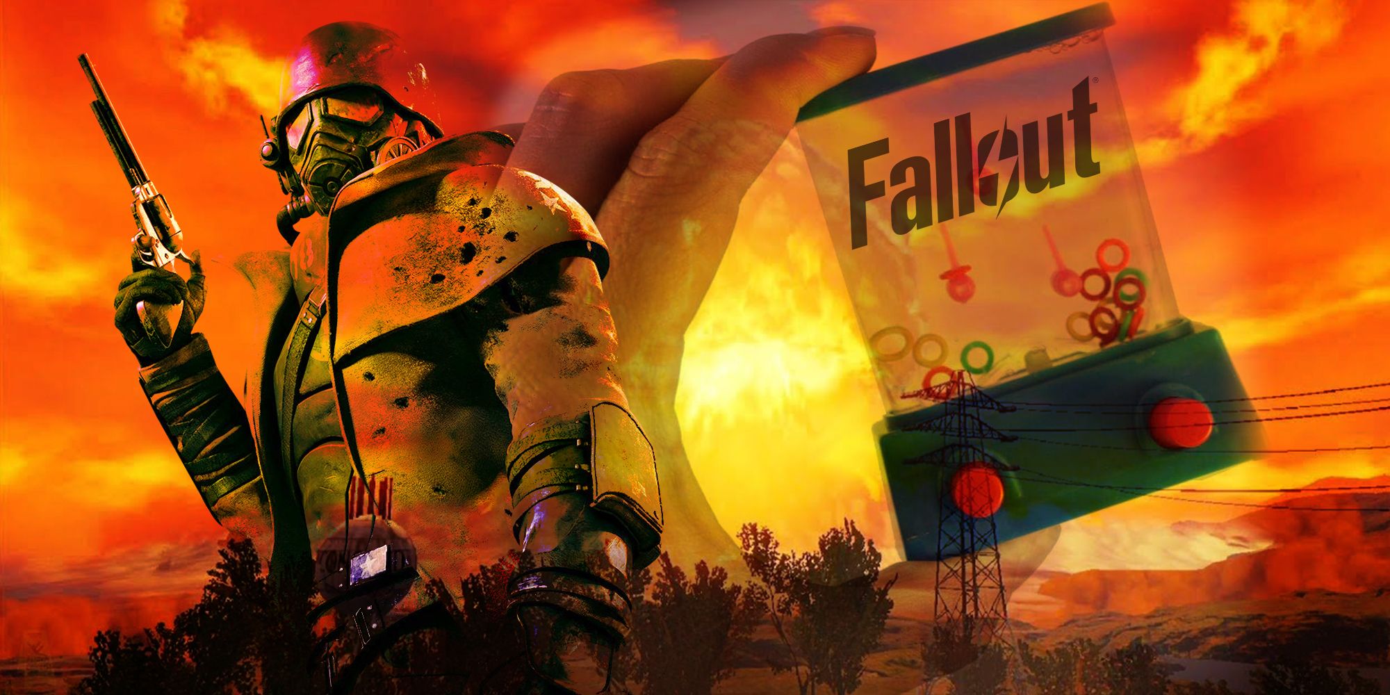 Fallout New Vegas plus a water tank game with hoops labelled Fallout