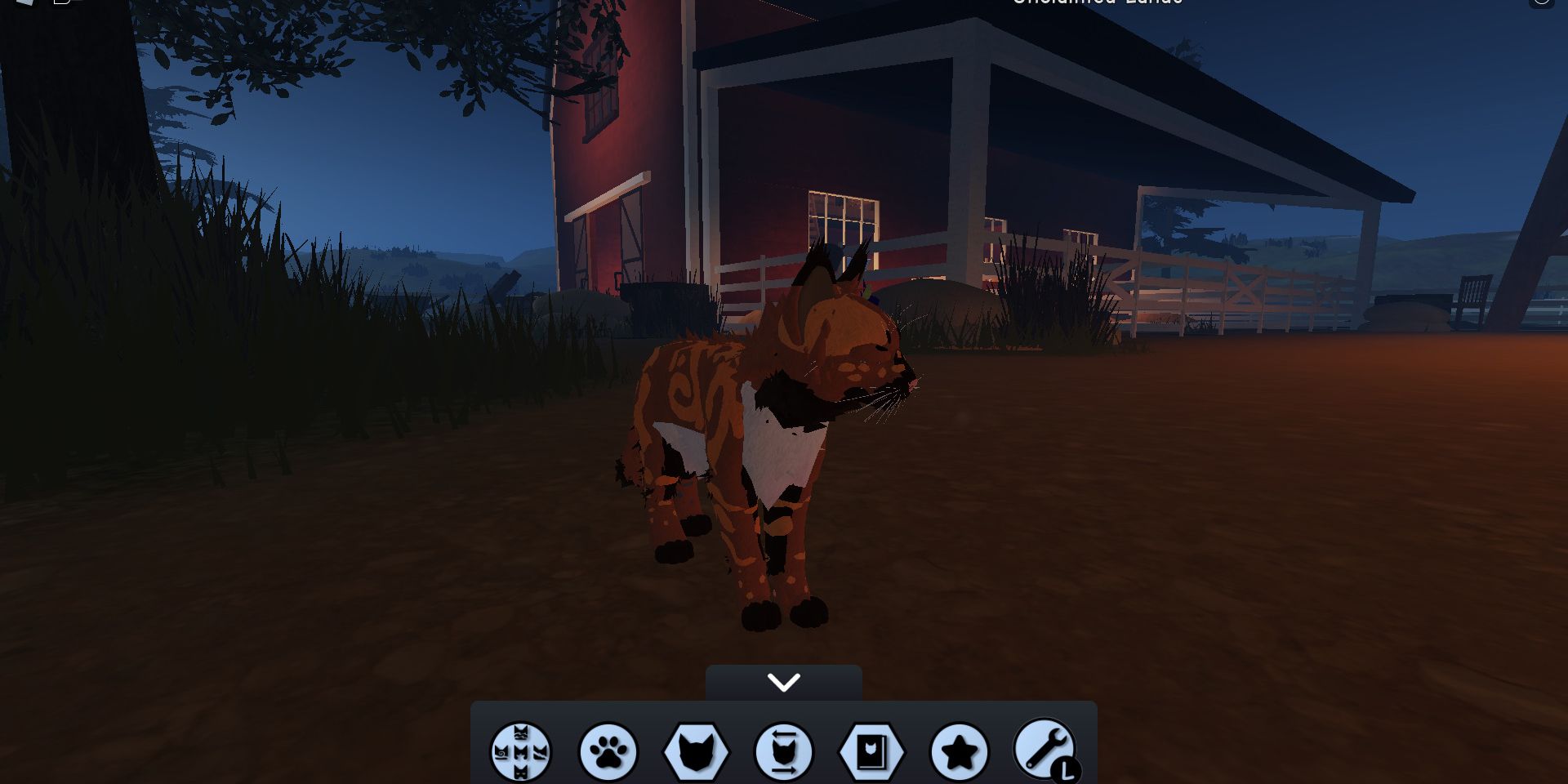 A cat character inside the barn yard at night in Roblox Warrior Cats