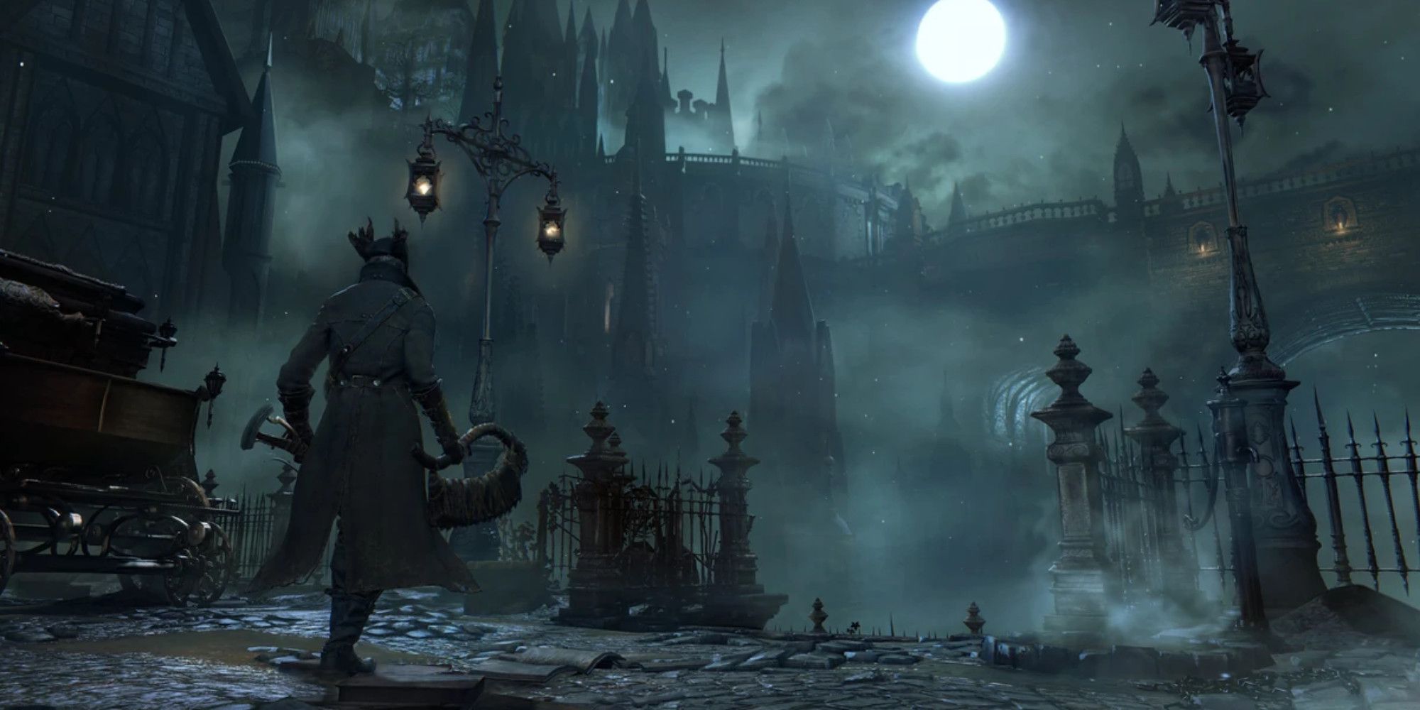 A dark wet street in Bloodborne lit up by the glow of the moon