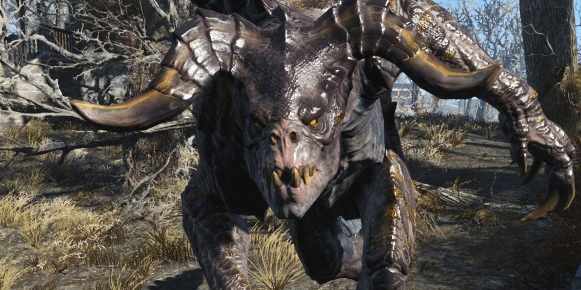 A Deathclaw sprinting through a forest in Fallout 4
