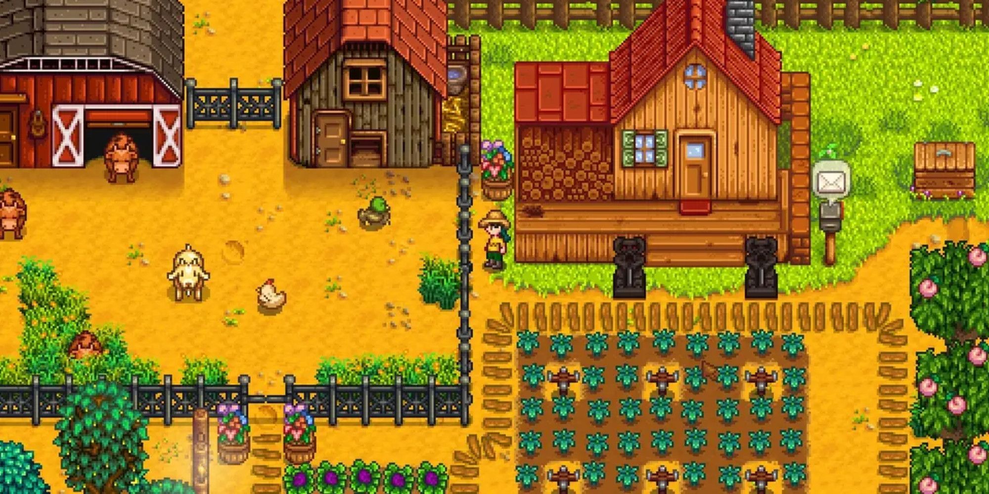 A farm in Stardew Valley full of cows, plants and trees